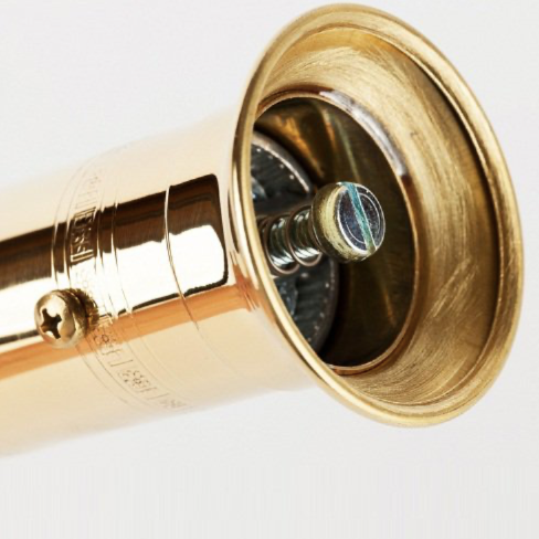 Alexander Brass Pepper Mill 104. This kitchen tool is both beautiful and functional. The grinding mechanism is designed to actually grind the pepper, maximising the flavour and aroma. Metal grinding mechanism adjusts from fine to coarse. Durable all metal body, flanged base for stability.